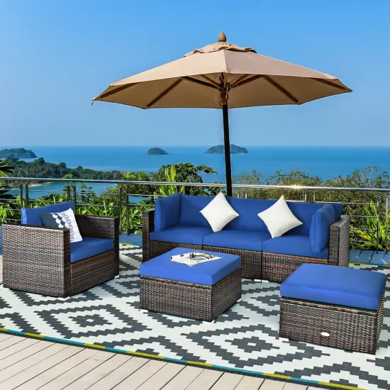 6 Pcs Patio Rattan Furniture Set with Sectional Cushion Blue {6}
