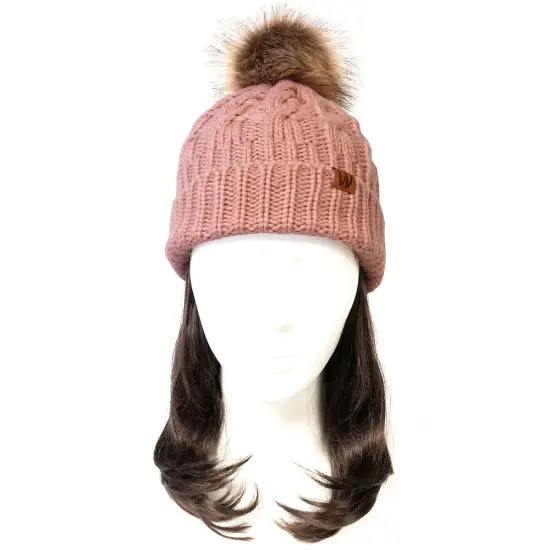 Wrapables Winter Warm Cable Knit Faux Fur Pom Pom Beanie Pink {3}