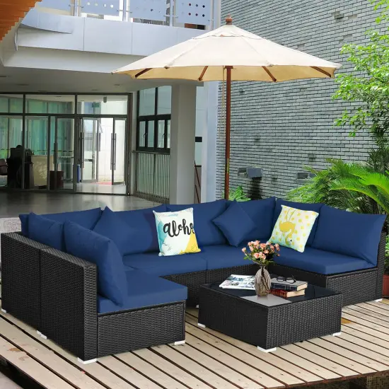 7 Pieces Sectional Wicker Furniture Sofa Set With Tempered Glass Top Navy {6}