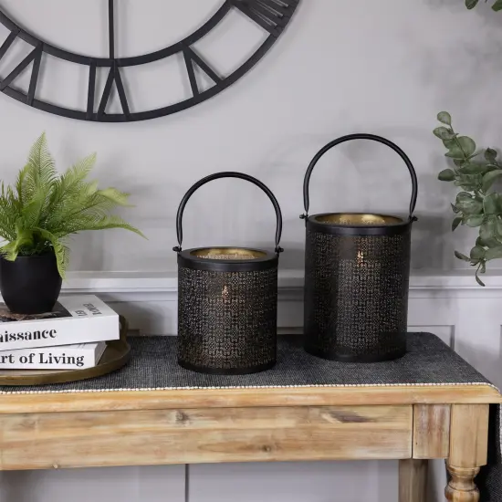 Northlight Laser-Cut Design Iron Candle Holders with Handles - 9.5" - Black - Set of 2 {3}