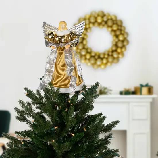 Northlight 12" Metallic Bronze and Silver Sequined Angel Christmas Tree Topper, Unlit {3}