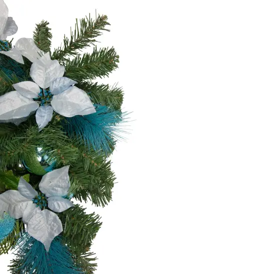 Northlight Peacock Feather and Poinsettia Artificial Christmas Teardrop Swag - 22" - Unlit Blue {5}