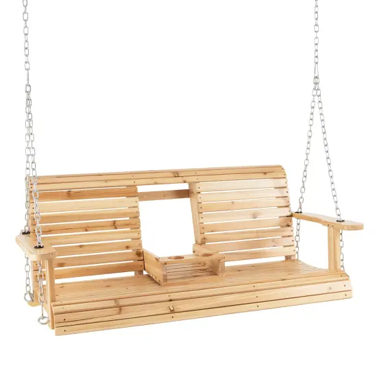 Costway 2-seat Wood Swing Bench with Folding Cup Holder and Sturdy Metal Hanging Chains {2}
