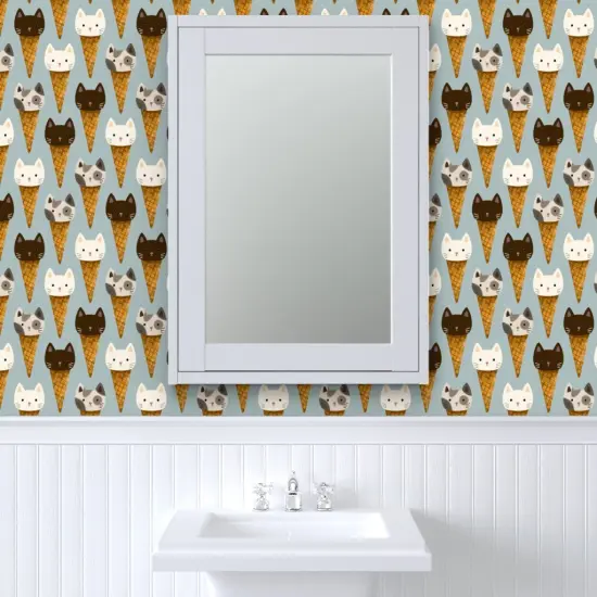 Peel & Stick Wallpaper 2FT Wide Whimsical Cats Ice Cream Cute Kittens Cone Kids Blue Sweet Food Animals Custom Removable Wallpaper by Spoonflower {6}