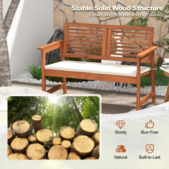 Costway Patio Bench Outdoor Solid Wood Loveseat Chair with Backrest & Cushion Porch Garden {6}
