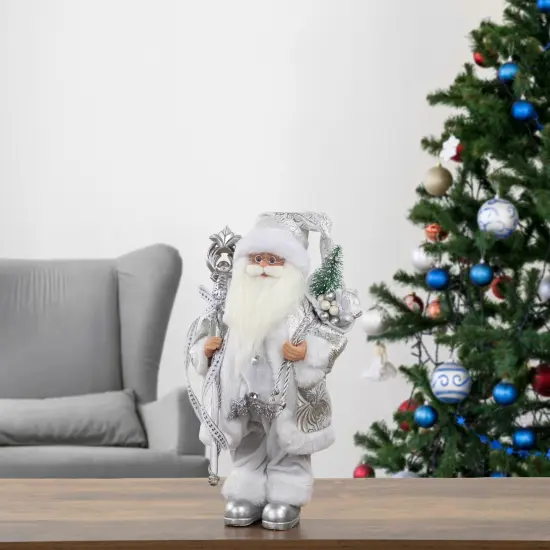 Northlight 12" White and Silver Santa Claus with Staff and Gift Bag Christmas Figure {3}