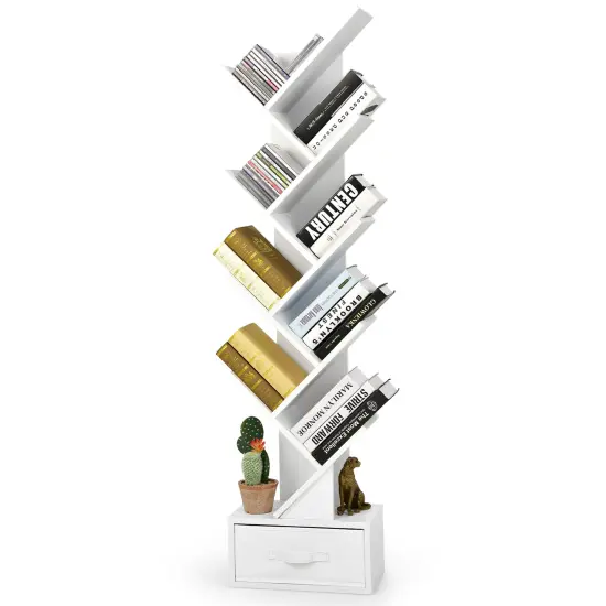 Costway 10-tier Tree Bookshelf with Drawer Free-standing Bookcase Storage Shelf White\Brown {9}