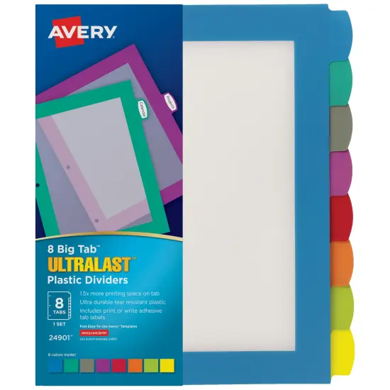 Avery Ultralast Big Tab Plastic Dividers for 3 Ring Binders, 8-Tab Set, Multicolor with White Labels, 1 Set (24901) {1}