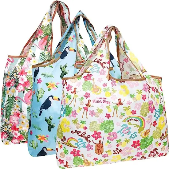 Wrapables Large Foldable Tote Nylon Reusable Grocery Bag, 3 Pack Aloha {1}