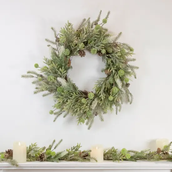 Northlight Artificial Christmas Wreath with Frosted Foliage and Pine Cones - 24" - Unlit Green {3}