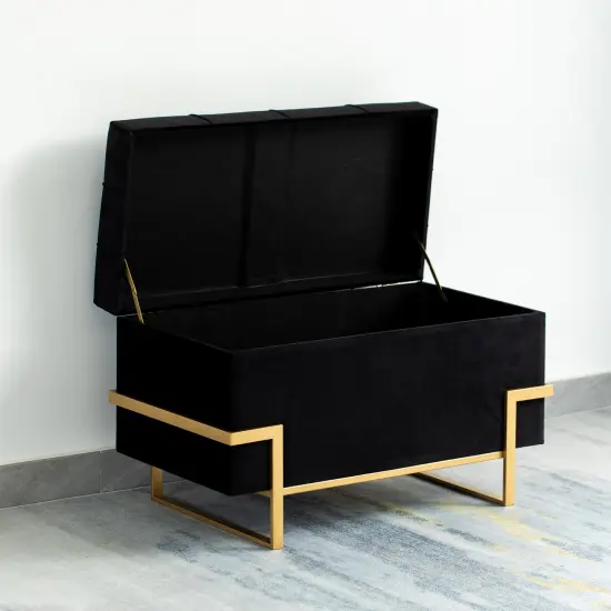 Rectangle Velvet Storage Ottoman Stool Box with Abstract Golden Legs | Decorative Sitting Bench for Living Room Home Decor with Unique Base Support Black Large {3}