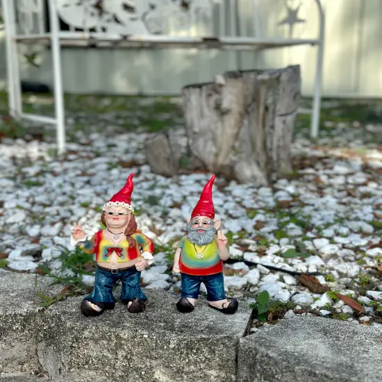 Gnancy and Gnarley Pair of Hippie Garden Gnome Statues 8.25 Inches High {5}