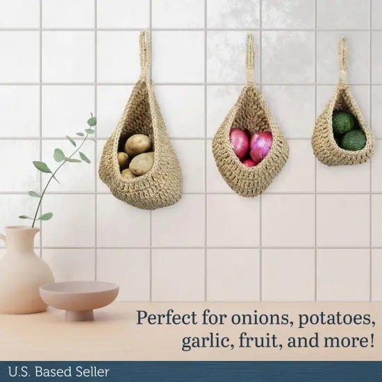 Potted Pans Wall Hanging Fruit Baskets for Kitchen - Jute Onion Hanging Basket {3}