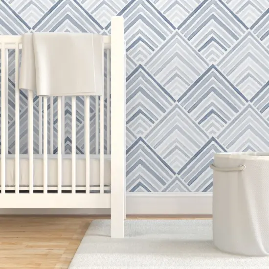 Pre-Pasted Wallpaper 2FT Wide Coastal Geometric Modern Blue Monochrome Lines Neutral Beach Sea Chevron Custom Pre-pasted Wallpaper by Spoonflower {7}