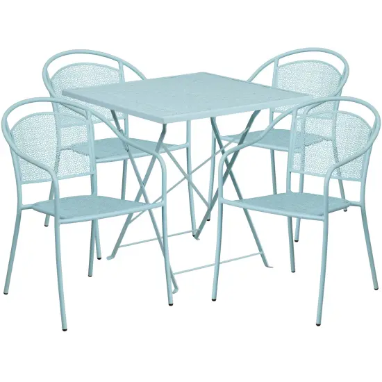 Emma and Oliver Commercial Grade 28" Square Metal Folding Patio Table Set w/ 4 Round Back Chairs Sky Blue {1}
