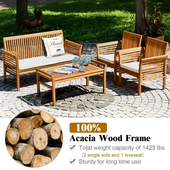 Costway 4 PCS Outdoor Acacia Wood Sofa Furniture Set Cushioned Chair Coffee Table Garden {4}