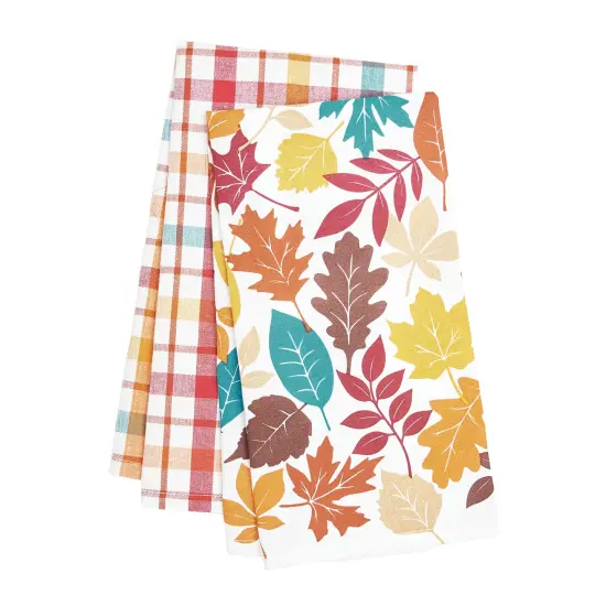 Fall Leaves & Plaid Printed Woven Kitchen Dishtowels Set of 2 {5}