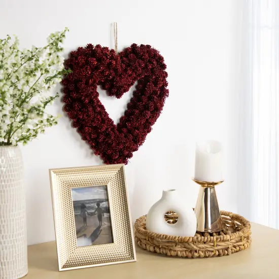 Northlight Pine Cone Rose Valentine's Day Wooden Heart Wreath - 14" - Red {3}