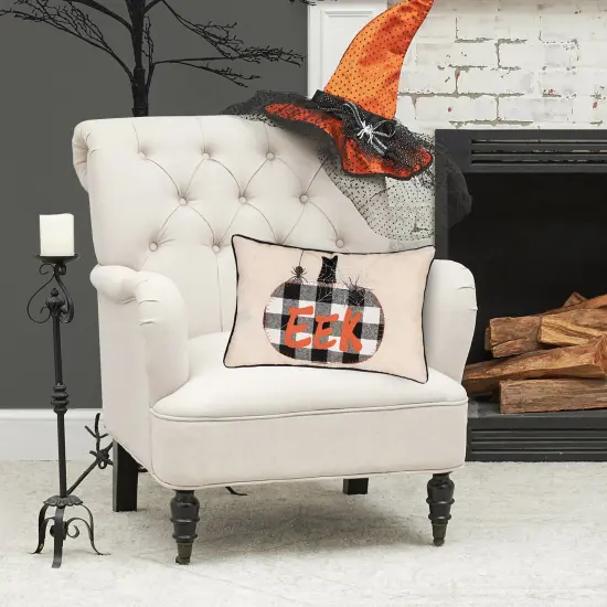 Franklin Plaid Black Pumpkin "Eek" Spider Web Halloween Linen Accent Pillow, 14" x 22" {4}