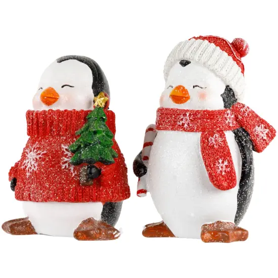 Northlight Glittered Penguins with Sweater and Scarf Christmas Figurines - 6" - Set of 2 Red {7}