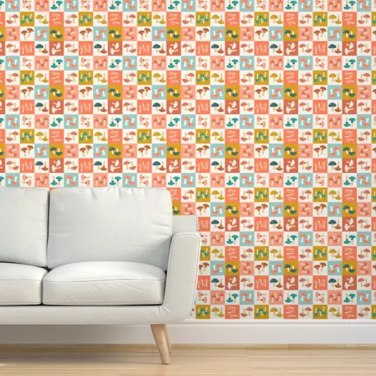 Pre-Pasted Wallpaper 2FT Wide Checkerboard Mushrooms Orange Blue Shrooms Toadstools Nature Botanical Whimsical Custom Pre-pasted Wallpaper by Spoonflower {5}