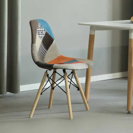 Mid-Century Modern Upholstered Plastic Multicolor Fabric Patchwork DSW Shell Dining Chair with Wooden Dowel Eiffel Legs {2}