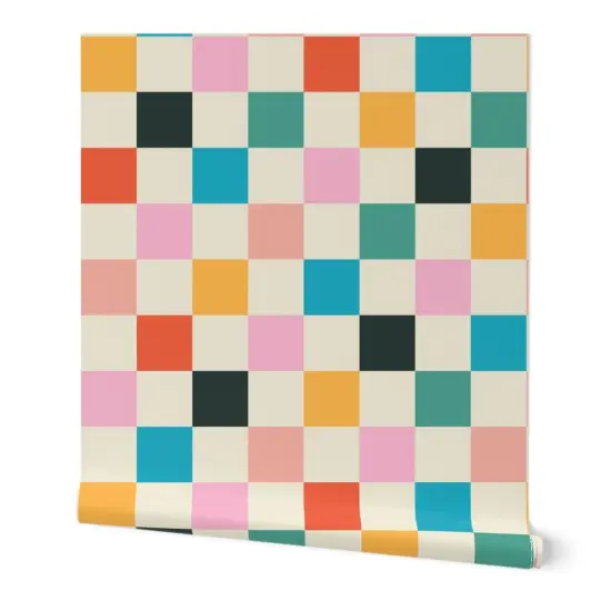 Peel & Stick Wallpaper 2FT Wide Retro Checkerboard Pink Orange Modern Multicolor Checker Check Custom Removable Wallpaper by Spoonflower {7}