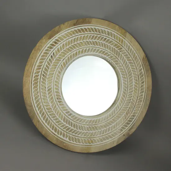 Carved Wooden Frame Round Wall Mirror 23.5 Inch Diameter Hand Painted Accents {5}
