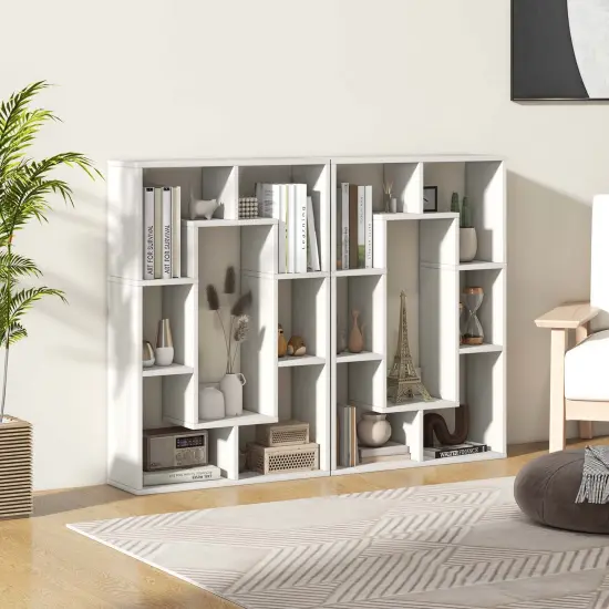Costway 7-Cube Geometric Bookshelf with Anti-Toppling Device Modern Open Bookcase White/Black/Oak/Rustic Brown/Natural/Grey {5}
