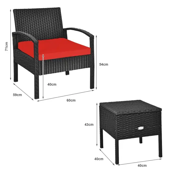 3 Piece PE Rattan Wicker Sofa Set with Washable and Removable Cushion for Patio Red {4}