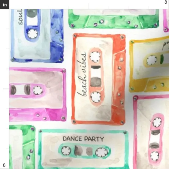 Various Fabrics by the Yard or Fat Quarter Watercolor Tape Cassette Retro Nostalgic Mixtape Rainbow Green Blue Yellow Audiotape Custom Printed Fabric by Spoonflower {4}