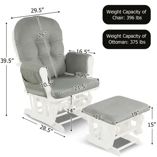 Solid Wood Gliding Chair Set with Pockets and Ottoman for Relaxing Light Grey {4}