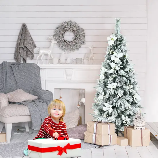 Costway 5ft/6ft/7ft/8ft Snow Flocked Christmas Pencil Tree w/ Berries & Poinsettia Flowers {7}