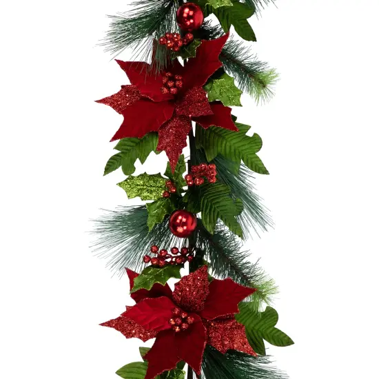 Northlight 48" Glittered Red Poinsettia and Long Pine Christmas Swag, Unlit {7}