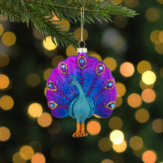 Northlight Standing Glittered Peacock Glass Christmas Ornament - 4.75" - Purple and Blue {3}