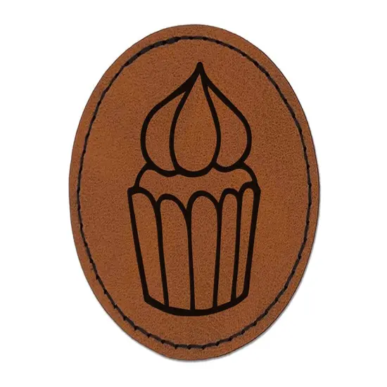 Hand Drawn Cupcake Doodle Round Iron-On Engraved Faux Leather Patch Applique - 2.5" Brown {1}