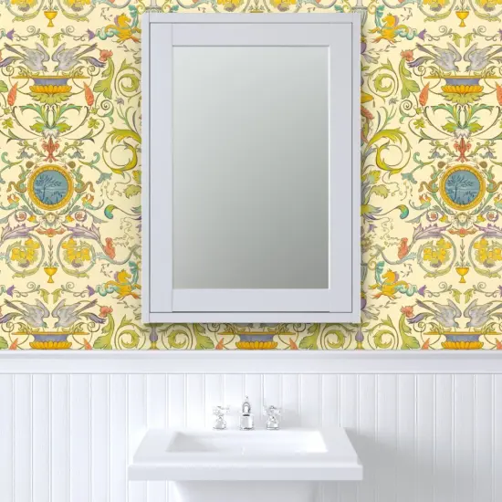 Pre-Pasted Wallpaper 2FT Wide Multicolor Baroque Renaissance Floral Fresco Botanical Birds Victorian Large Scale Water Color Horses. Italian Custom Pre-pasted Wallpaper by Spoonflower {6}