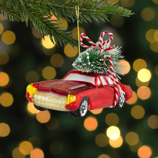 Northlight 5" Red Vintage Car with Christmas Tree Glass Ornament {3}