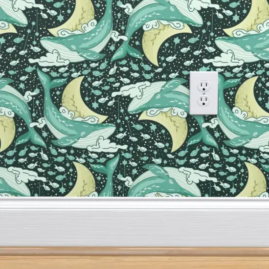 Pre-Pasted Wallpaper 2FT Wide Space Whales Ocean Nautical Animals Moon Galaxy Clouds Teal Celestial Whimsical Cosmos Crescent Custom Pre-pasted Wallpaper by Spoonflower {4}