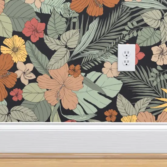 Peel & Stick Wallpaper 2FT Wide Tropical Floral Exotic Jumbo Scale Flowers Hibiscus Leaves Botanical Custom Removable Wallpaper by Spoonflower {4}