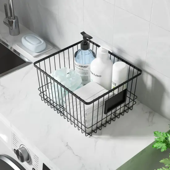 Oceanstar Metal Wire Organizer Bin Basket with Card Holder, Set of 3, Black {8}