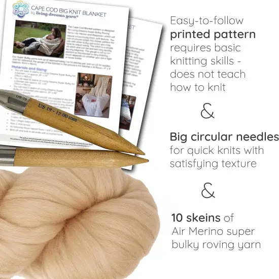 DIY Merino Wool Blanket Knitting Kit: Soft and Thick #7 Weight Jumbo Yarn, Knitting Needles and Pattern. Soft, Cozy, Great for Gifts Dune {2}