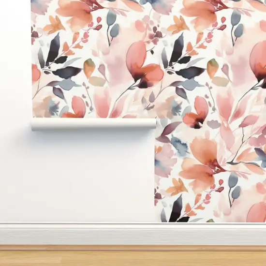 Peel & Stick Wallpaper 2FT Wide Pastel Flowers Watercolor Botanical Scattered Leaves Custom Removable Wallpaper by Spoonflower {2}