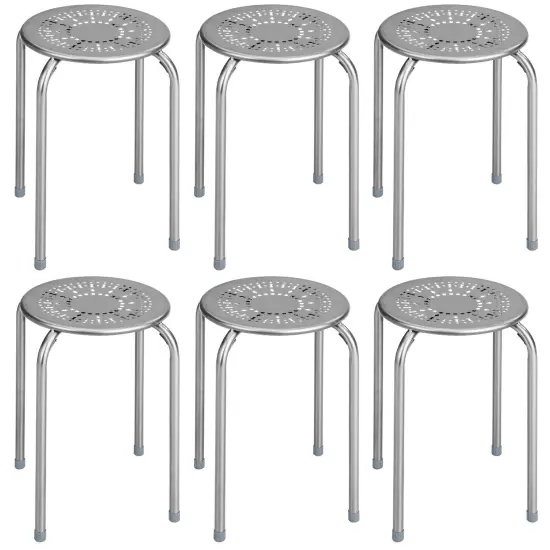 Costway Set of 6 Stackable Metal Stool Set Daisy Backless Round Top Kitchen Grey {1}