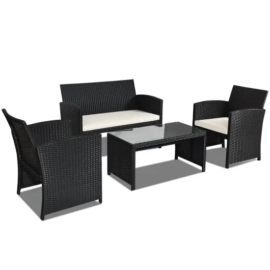 4 Pcs Wicker Conversation Furniture Set Patio Sofa and Table Set White {4}