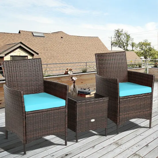 3 Pieces Patio Rattan Furniture Set Cushioned Sofa and Glass Tabletop Deck Blue {6}
