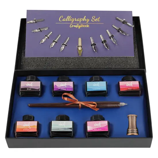 CraftyBook Calligraphy Pens for Writing - 12 Nibs with 7 Dip Pen Ink Colors {1}