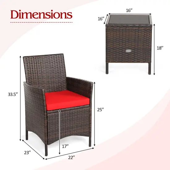 3 Pieces Patio Rattan Furniture Set Cushioned Sofa and Glass Tabletop Deck Red {5}