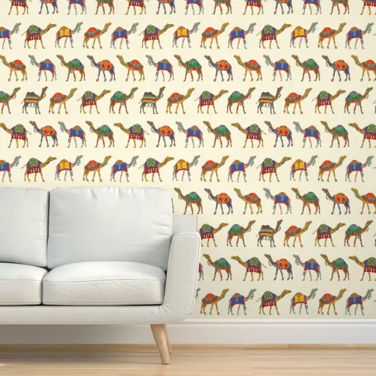 Peel & Stick Wallpaper 2FT Wide Exotic Desert Animal Camel Pom Poms Tassels Whimsical Maximalist Colorful Custom Removable Wallpaper by Spoonflower {5}