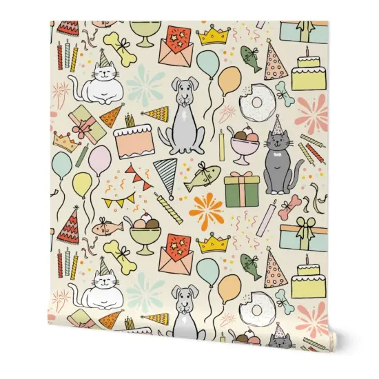 Peel & Stick Wallpaper 2FT Wide Dog Cat Multicolor Presents Whimsical Celebration Playful Balloons Pastels Candles Birthday Cake Bright Summer Colors Gift Large Scale Custom Removable Wallpaper by Spoonflower {7}